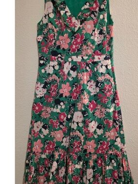 J. Crew Floral Midi Dress, Green, Pink, Navy & White - 10